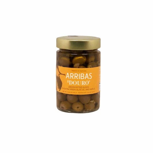 ARRIBAS DOURO GREEN PITTED OLIVES IN EXTRA VIRGIN OLIVE OIL & GARLIC 290g