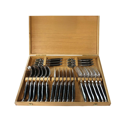 GOYON CHAZEAU 24 PIECE LAGUIOLE PRESTIGE BLACK CATTLE HORN FLATWARE SET