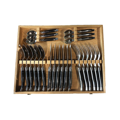 GOYON CHAZEAU 24 PIECE LAGUIOLE PRESTIGE BLACK CATTLE HORN FLATWARE SET