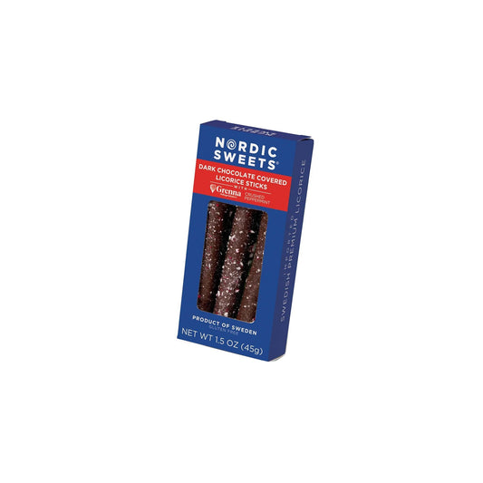 NORDIC SWEETS DARK CHOCOLATE COVERED SALTY LICORICE WITH PEPPERMINT 1.5oz