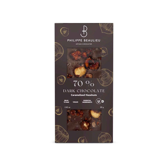 PHILIPPE BEAULIEU CARAMELIZED HAZELNUTS 70% DARK CHOCOLATE 80g