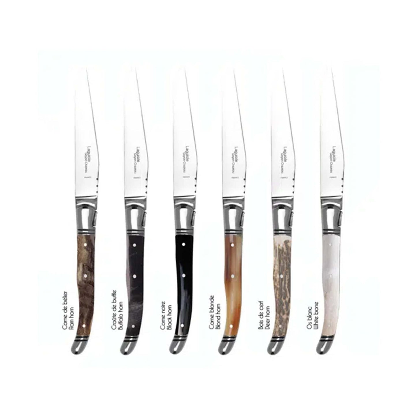 GOYON CHAZEAU 6 LAGUIOLE PRESTIGE KNIVES IN ASSORTED HORN