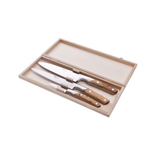 GOYON CHAZEAU LE THIERS 3 CHEFS KNIVES SET IN JUNIPER WOOD