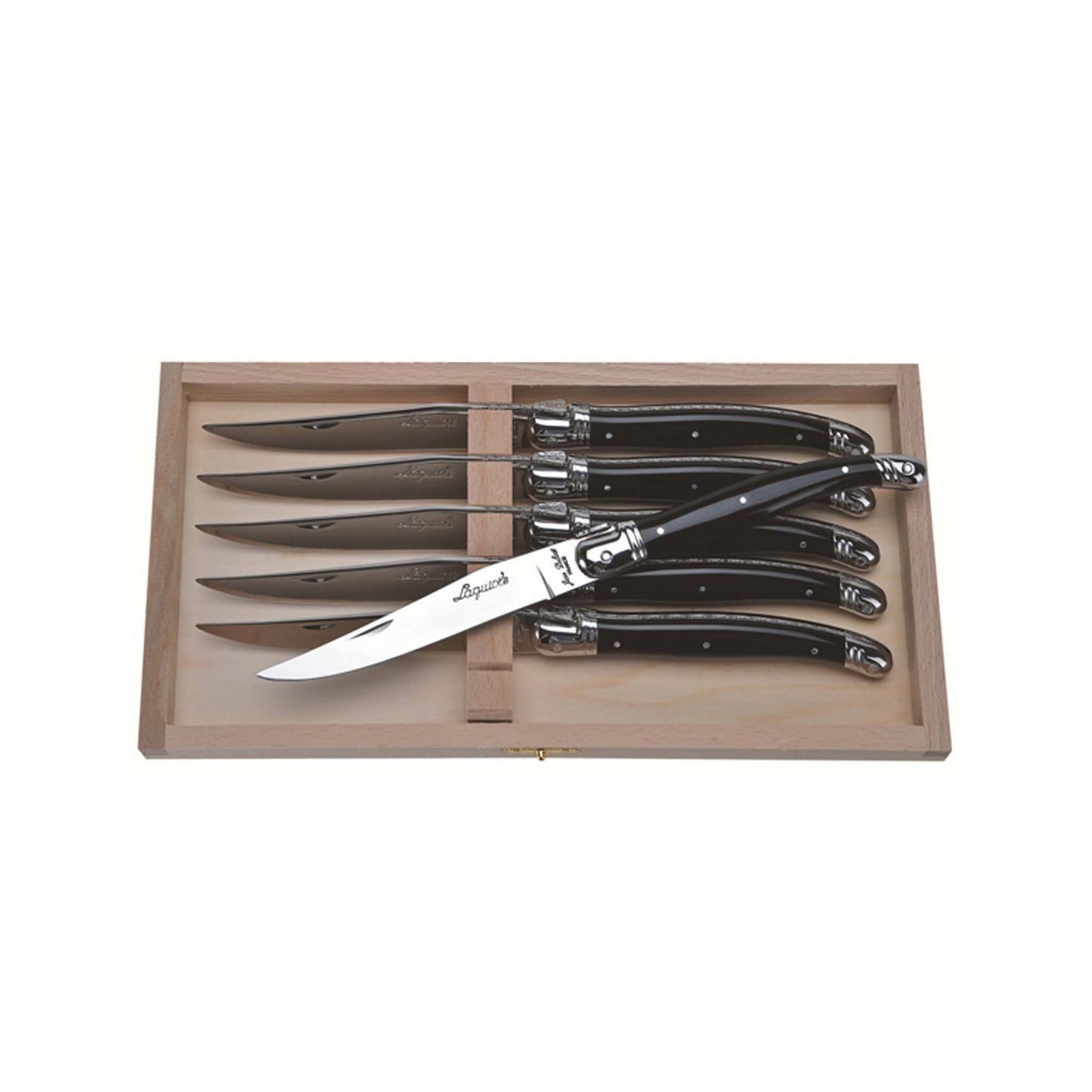 JEAN DUBOST LAGUIOLE 6 BLACK STEAK KNIVES IN CLASP BOX