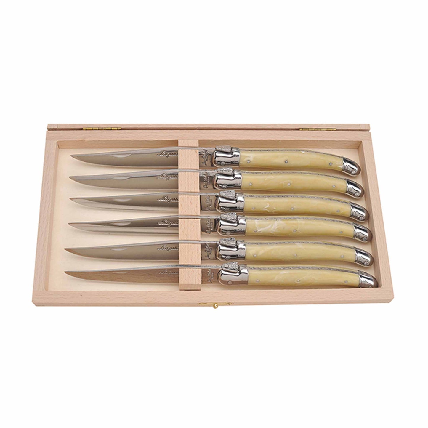 JEAN DUBOST LAGUIOLE 6 LIGHT HORN STEAK KNIVES IN CLASP BOX