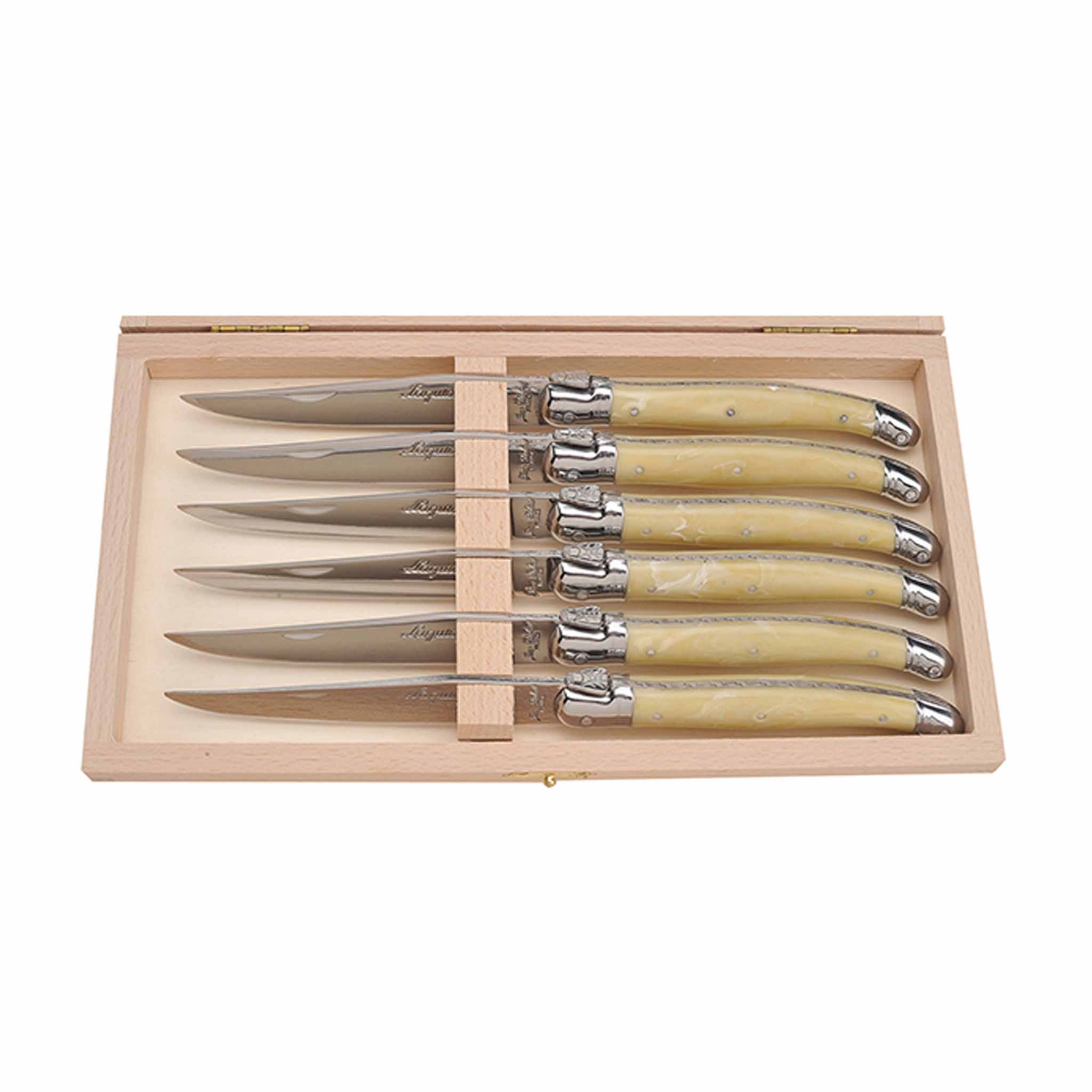 JEAN DUBOST LAGUIOLE 6 LIGHT HORN STEAK KNIVES IN CLASP BOX