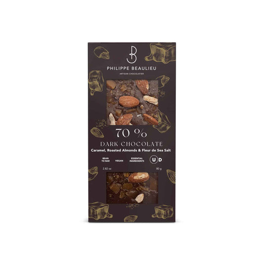 PHILIPPE BEAULIEU CARAMEL, ROASTED ALMONDS & SEA SALT 70% DARK CHOCOLATE 80g