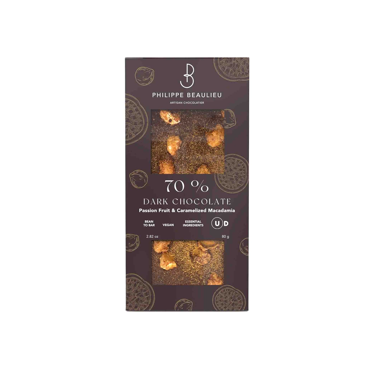 PHILIPPE BEAULIEU PASSION FRUIT & CARAMELIZED MACADAMIA 70% DARK CHOCOLATE 80g